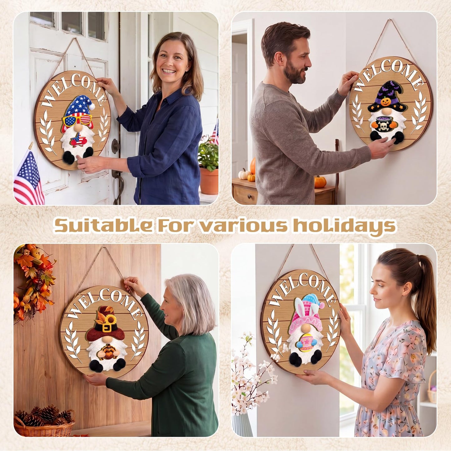 Qunclay 31 Pcs 3D Natural Grain Interchangeable Wooden Gnome Door Hanger Holiday Seasonal Gnome Decorations with Magnet Pieces and Detachable Hats Changeable Welcome Sign for Home (Yellow)