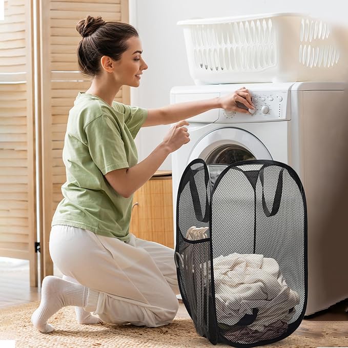 The upgraded pop-up laundry basket features a breathable side pocket mesh design