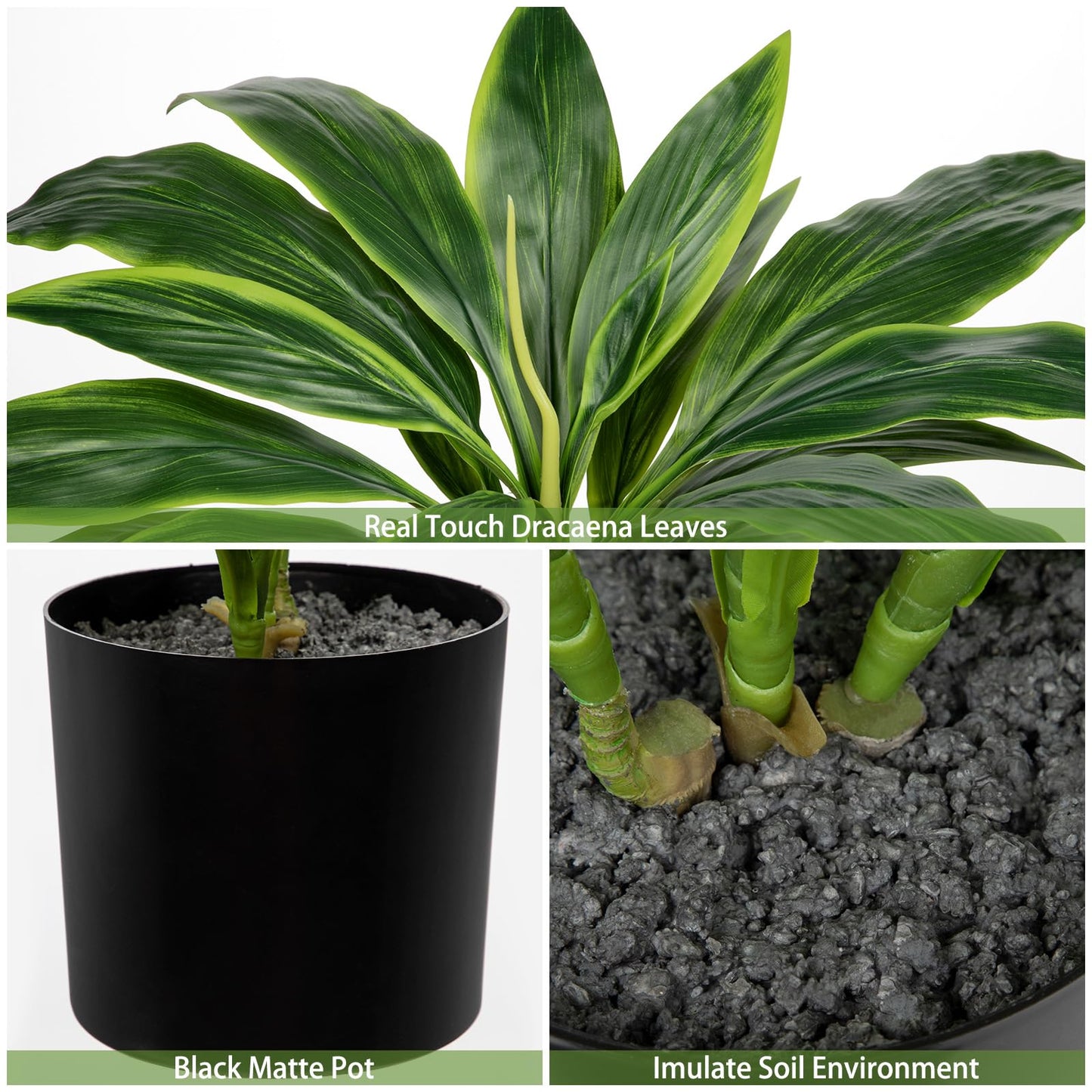 Oairse Artificial Plants Indoor with Pot, 18.1" Fake Potted Plants Medium Artificial Dracaena Plant in Black Pot Faux Tropical Plants for Bathroom Living Room Office Desk Shelf Decor
