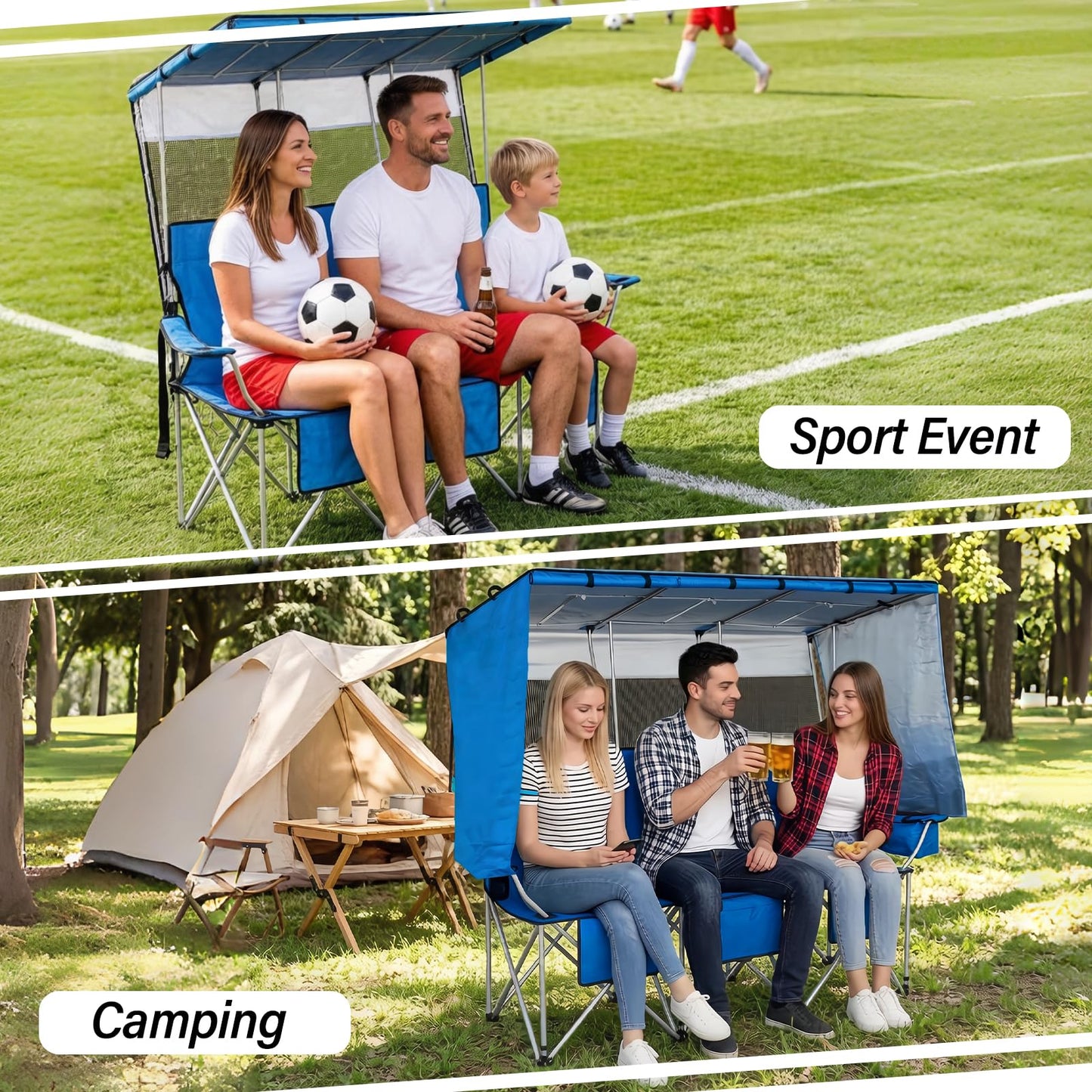 BESTHLS 3 Person Camping Chair with Canopy Shade Oversize Folding Beach Chair with 3 seat for Camp Outdoor Concert Sports(Blue