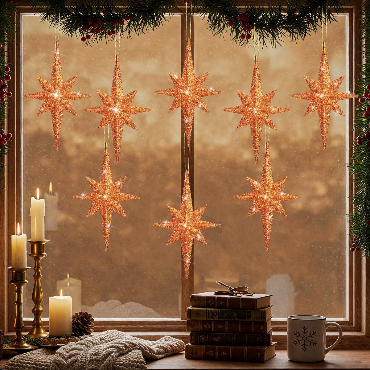 Quzzil 12 Pcs Christmas Bethlehem Star Bronze Ornament 4.72 x 2.95 Inch Star of Bethlehem Christmas Tree Topper Glitter Ornament Plastic Nativity Stars Hanging Decor Accessories