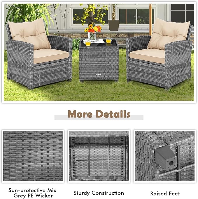 COSTWAY 3PCS Patio Furniture Set, PE Rattan Wicker Sofa w/Washable Cushion and
