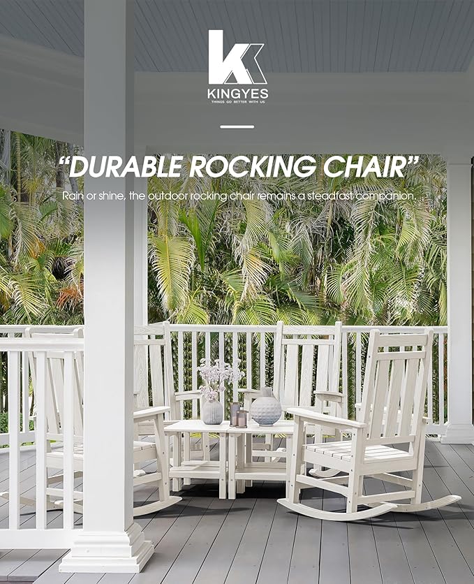 KINGYES Oversized Outdoor Rocking Chair Set of 2, All-Weather Patio Rocking Chairs for Porch, HDPE Outdoor Patio Rockers with High Back & Wide Seat for Garden, Lawn, White