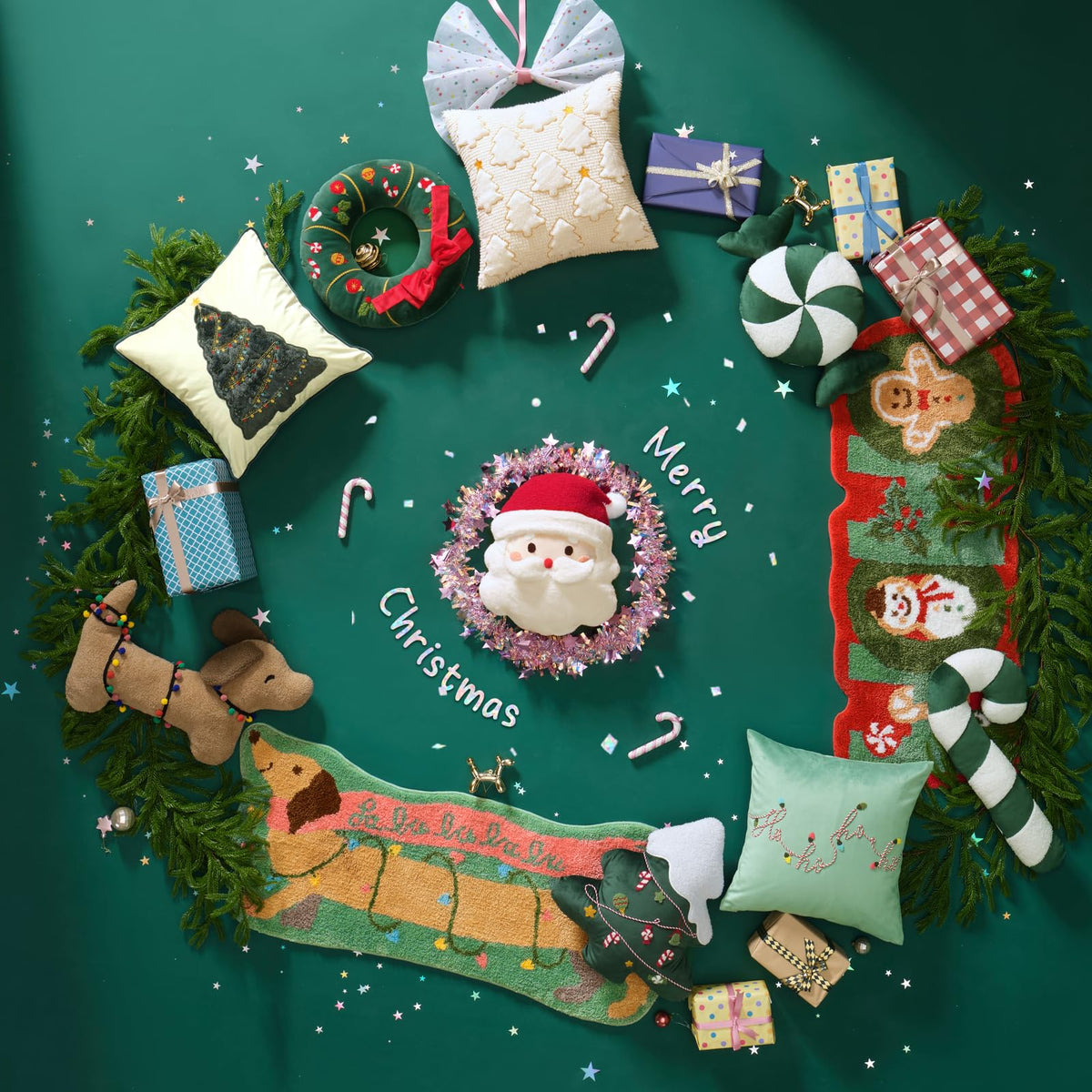 Ashler Merry Christmas Tree Shaped Pillow, Pine Tree Christmas Throw Pillow, White Teddy & Soft Velvet Xmas Decorative with Cute Embroidery, for Couch, Bedroom, Living Room, Green, 19x17 inches