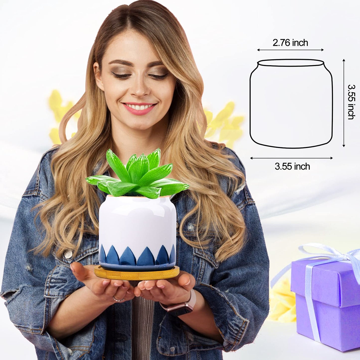 Succulent Pots, 3.5 Inch Small Succulent Planters with Drainage for Plants Live, Hand-Painted Ceramic Pot Flower Pots Bonsai Pots with Bamboo Tray, Unique Gifts for Women/Men, 4 Pack (Abstract)