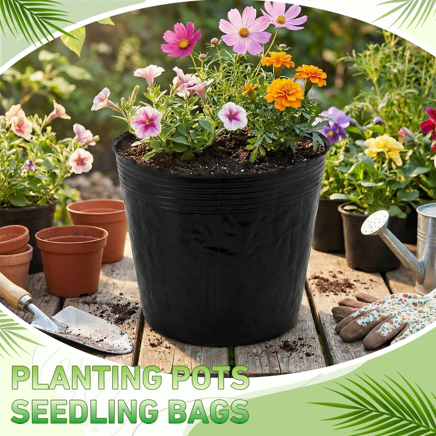 Ferrochef 60 Pcs Nursery Bags 0.2 & 0.6 & 2 & 3 Gallon Thicken Soft Plastic Seedling Pots Seed Plant Bags with Drainage Holes for Large Flowers Trees Vegetables Indoor Outdoor Women Gardening Gifts
