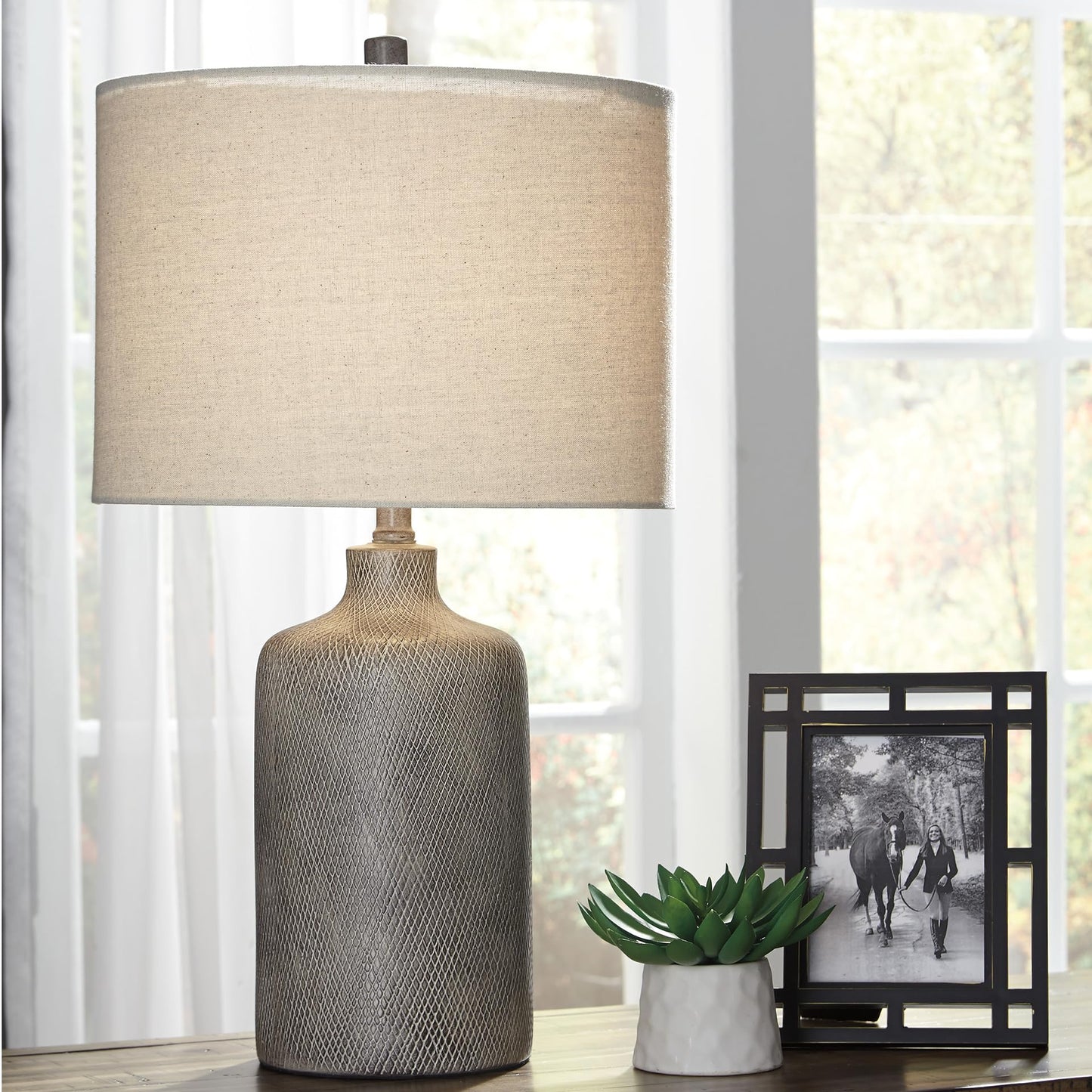 Signature Design by Ashley Linus Modern 25" Ceramic Table Lamp, Natural Stone Finish