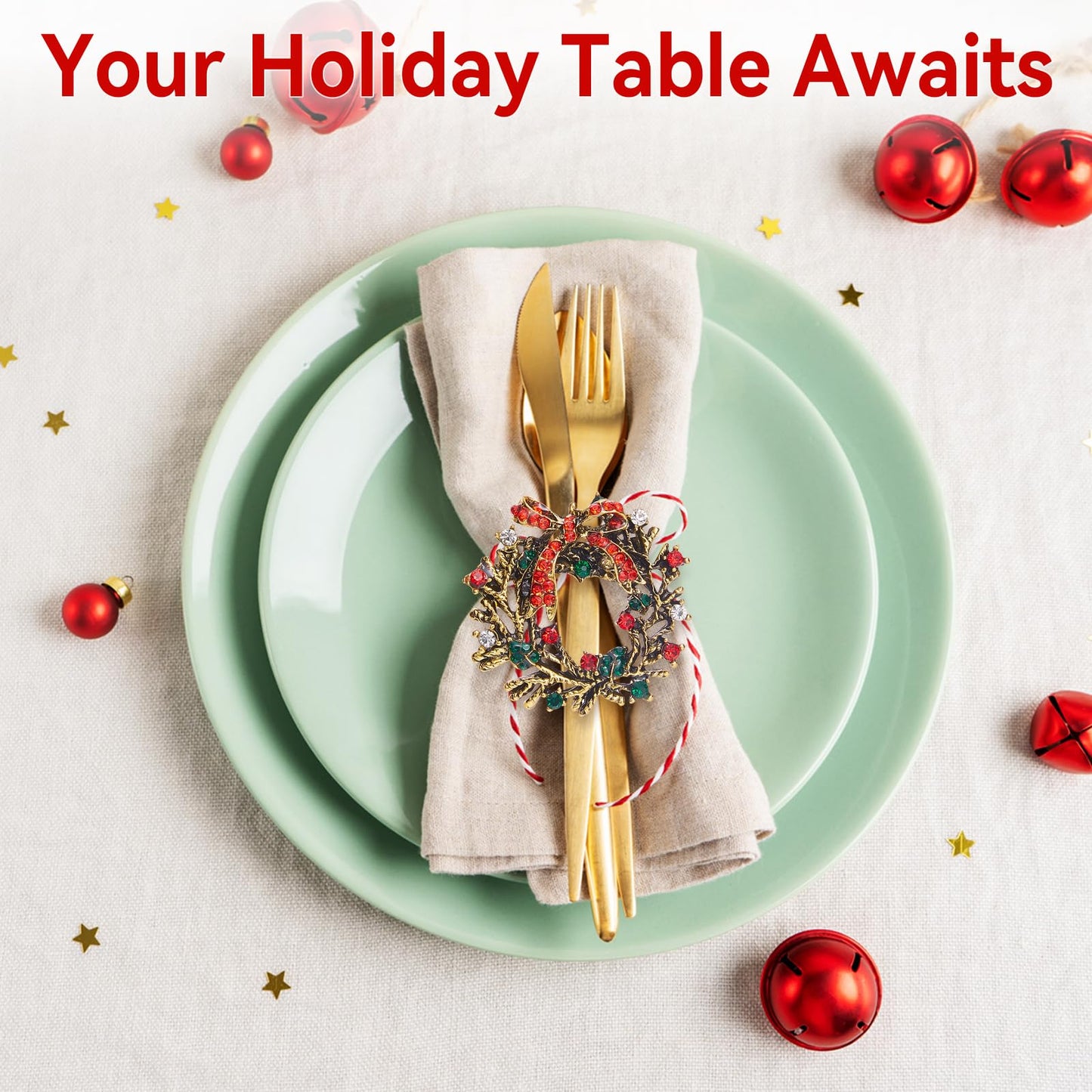 ZeeDix Christmas Wreath Napkin Rings Set of 12, Holiday Rhinestone Christmas Napkin Ring Holders for Cloth Napkins, Napkin Buckle for Thanksgiving Holiday Dinner Table Decor
