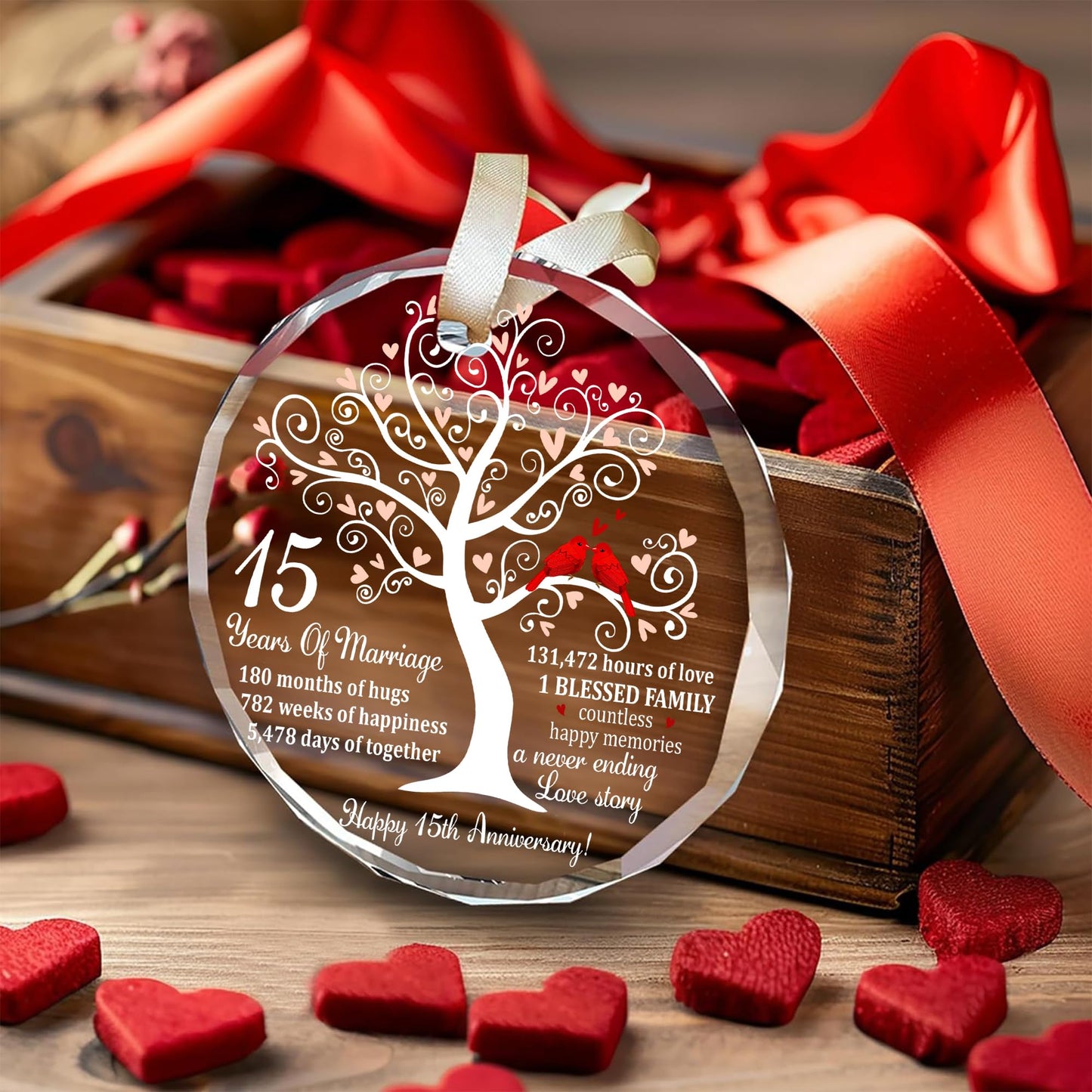 Bozspacer 15th Wedding Anniversary Ornament for Parents Couple Wife Husband - Crystal Anniversary Wedding Gift Ideas - Christmas Glass Ornament for 15 Years Marriage