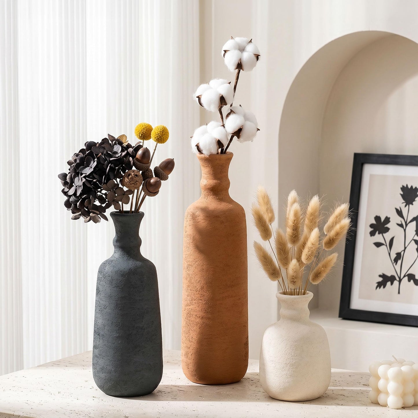 Ceramic Vase Set, 3Pcs Flower Vases for Modern Boho Farmhouse Decor, Decorative Vases for Pampas Grass & Dried Flowers, Distressed Finish