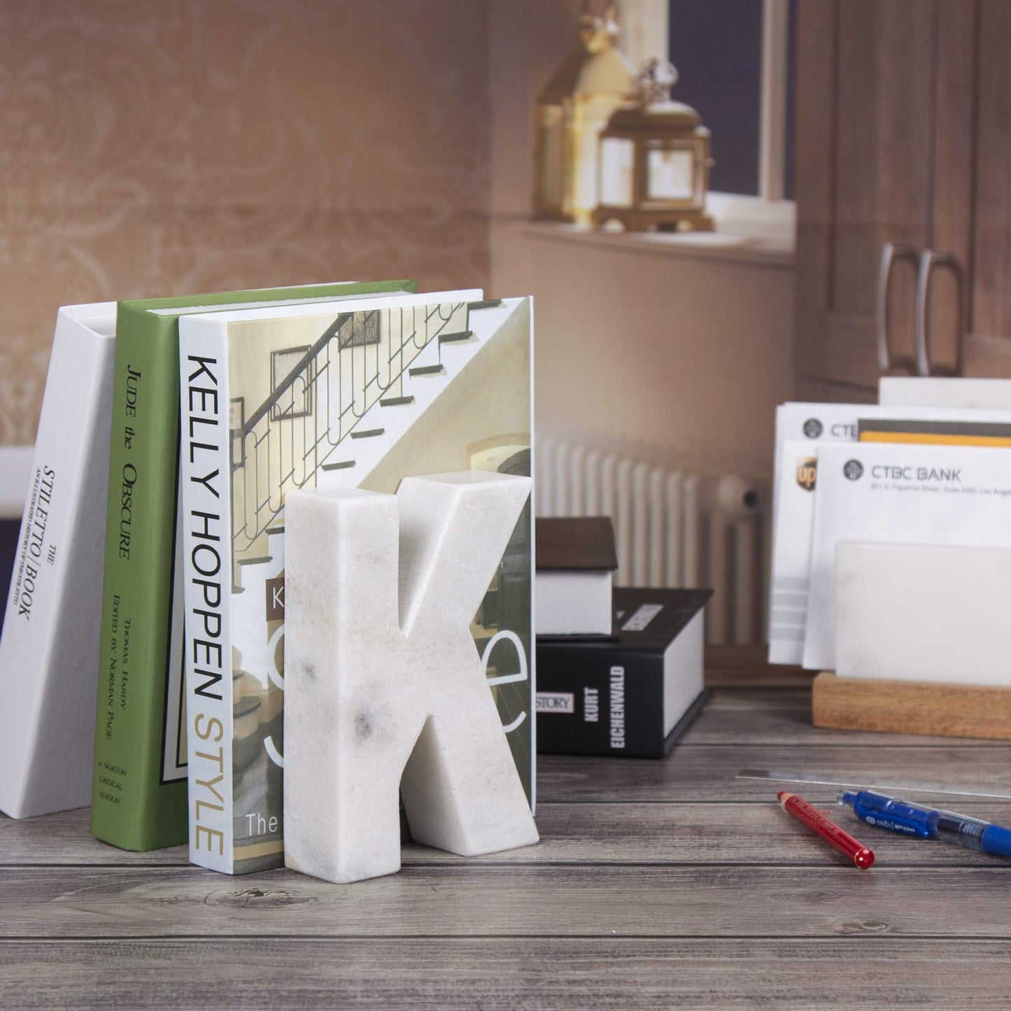 Creative Home Natural Marble Stone Letter K Bookends, Off-White