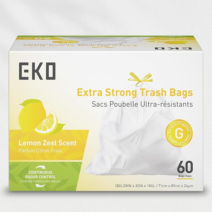 EKO 21 Gallon / 50-90 Liter, Extra-Strong Garbage Bags, Lemon Zest Scent