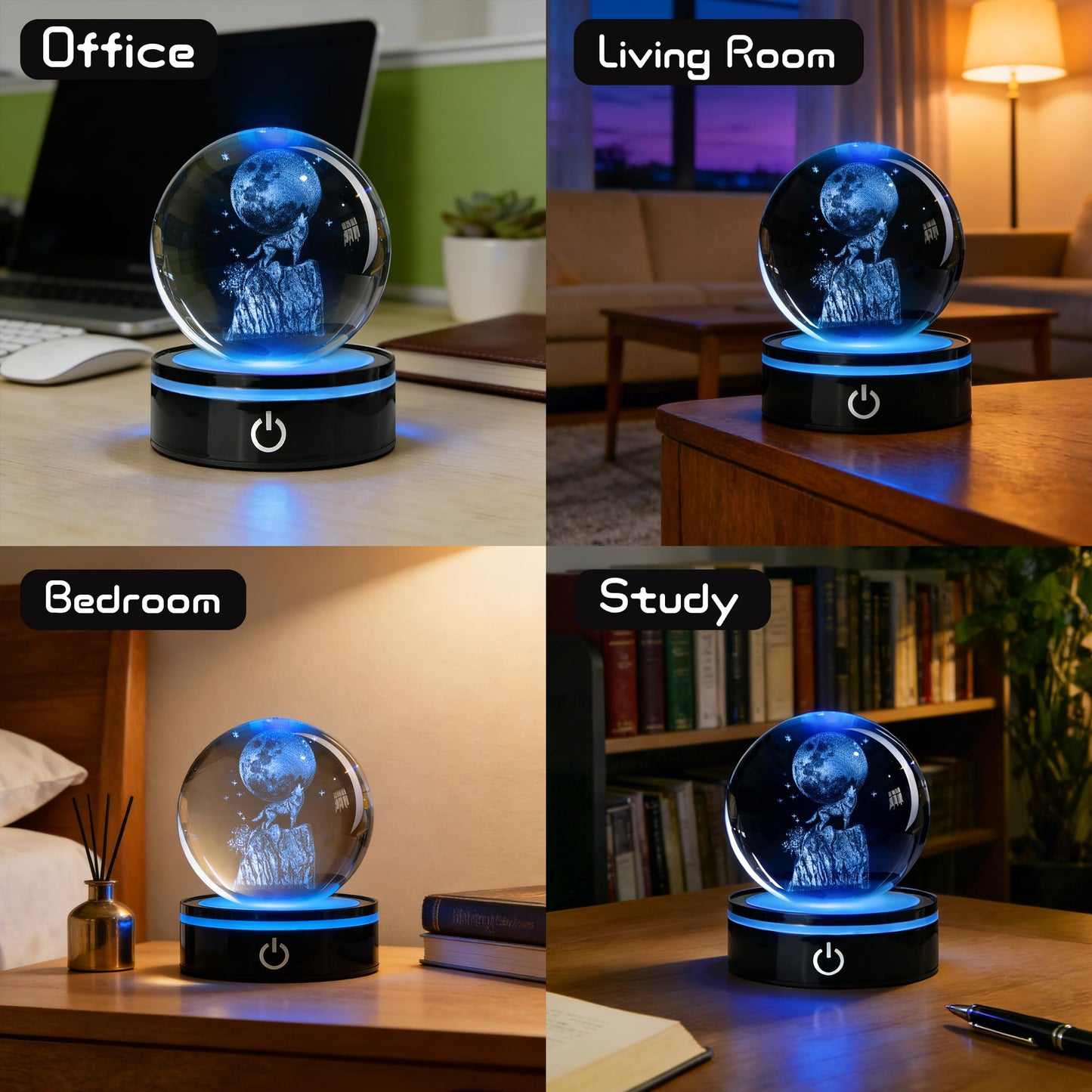QIANCHANG Wolf Howling 3D Crystal Ball with LED Stand, 80mm Glass Sphere Night Light Lamp, Crystal Animal Figurines Collectibles, Wolf Lover Gifts for Men & Women