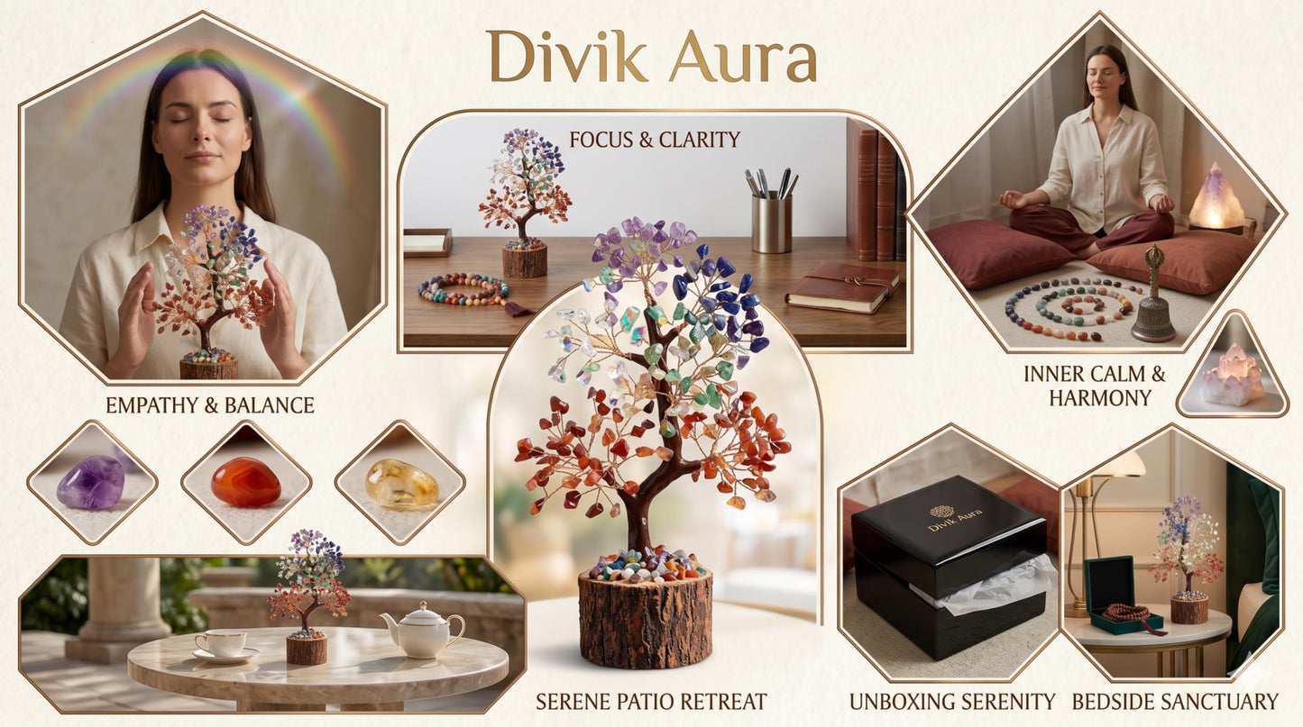 DIVIK AURA 7 Chakra Crystal Tree – Handmade Wood Base Bonsai for Home Decor, Reiki Healing & Spiritual Gifts for Women, 10 Inch