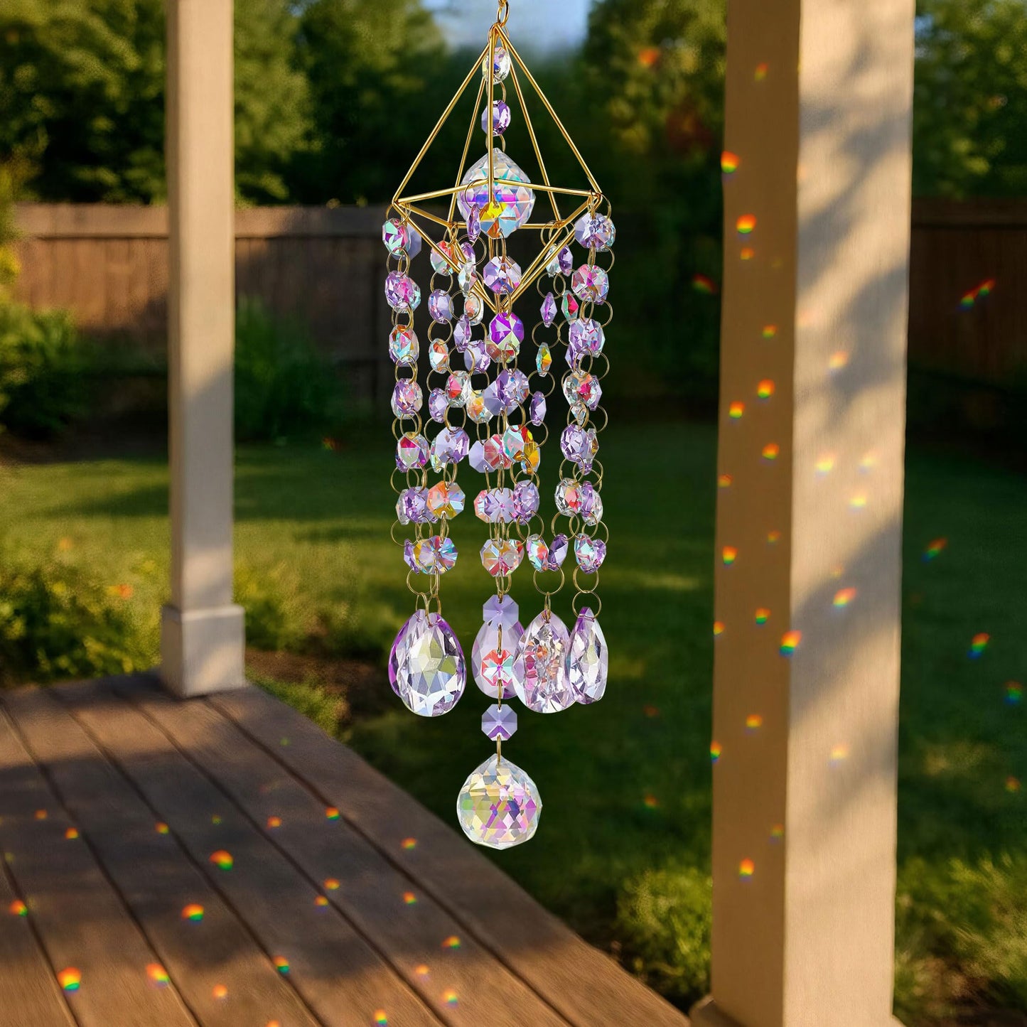 HDCRYSTALGIFTS 21.5inch Crystal Prisms Suncatcher for Window Hanging, Rainbow Maker Crystal Sun Catcher Indoor Window Glass Wind Chimes Home Garden Decor, Purple