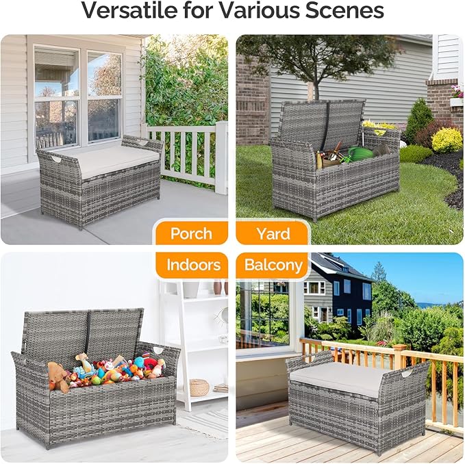 VINGLI 40 Gallon Outdoor Storage Bench with Cushion, Rattan Storage Box, Patio Wicker Deck Box with Seat for Garden | Balcony | Porch | Pool | Yard (Grey Frame + Light Grey Cushion)
