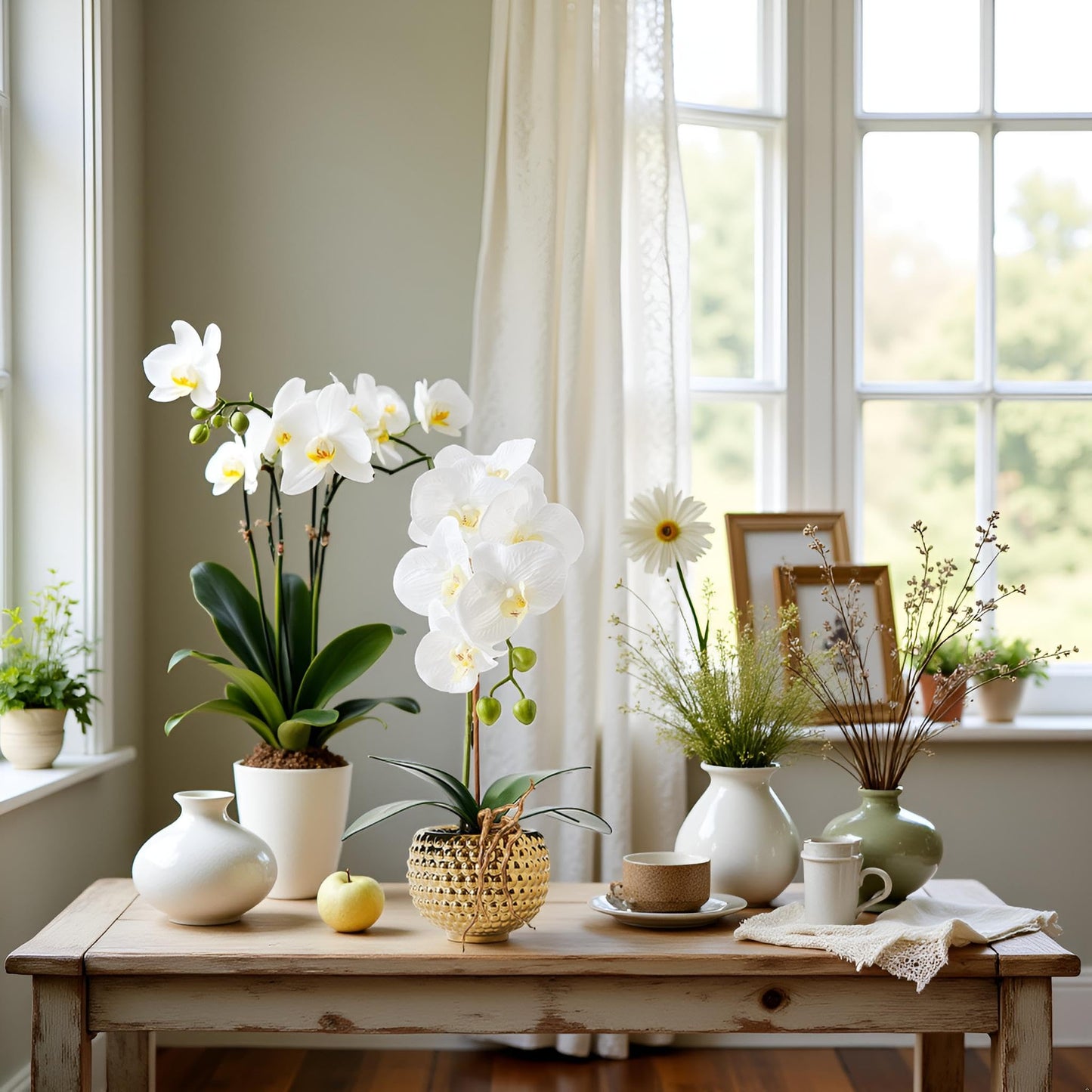Hisow Orchids Artificial Flowers, 15" Faux Orchid in Gold Flower Pot Real Touch Flowers in Pot Large Flower Arrangements Artificial Centerpiece for Home Living Room Bathroom Kitchen Decoration (White)