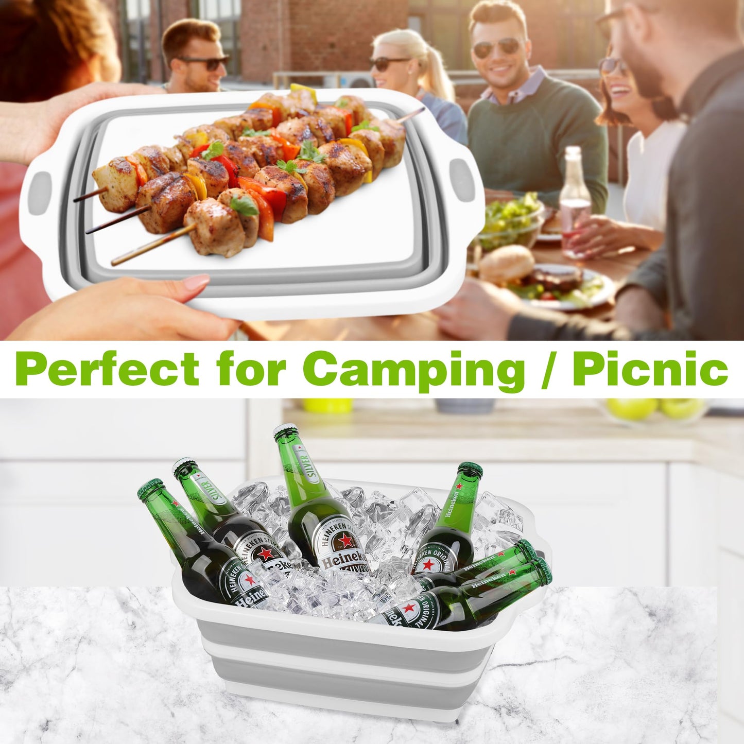 Space Saving Cutting Board, Collapsible Dish Tub with Draining Hole, Folding Chopping Board with Colander, 3 in 1 Multifunction Camping Sink for Washing Dish, Bowl, Vegetables and Fruit