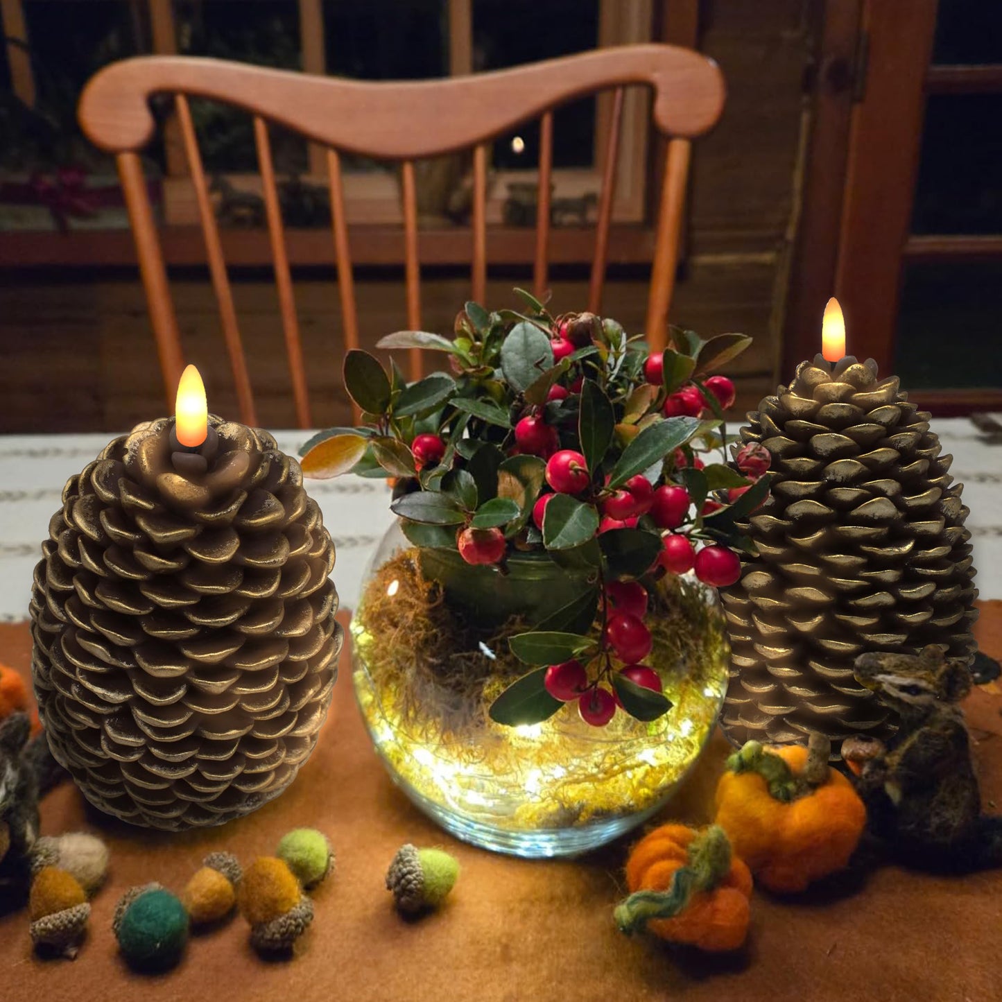 CVHOMEDECO. Pine Cone Candles Battery Operated Pinecones with Remote and Timer, Pine Cones Candle LED Flameless Flickering Candles for Fall, Christmas Decor. Golden-Brown, H 6.5 Inch, Pack of 2