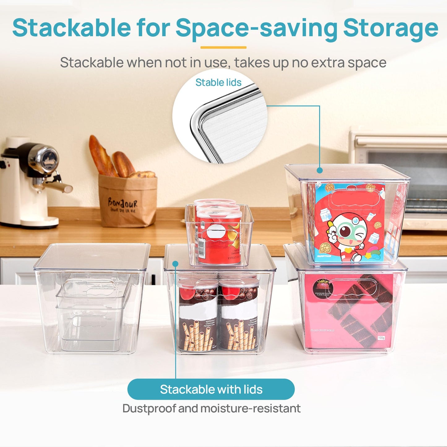 Vtopmart 8 Pack Clear Plastic Storage Bins with Lid Set, 4 Large and 4 Small Pantry Organizers and Storage Bins with Handle, Storage Containers for Pantry, Kitchen, Fridge, Cabinet Organization