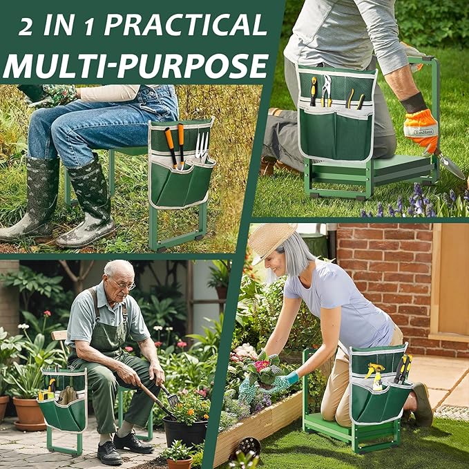 FLINTER 10.2" Wider Garden Kneeler and Seat, Heavy Duty Thick Gardening Bench for Kneeling and Seat - Garden Kneelers for Seniors, Gardening Stools for Women, Grandparents, Gardeners, Green