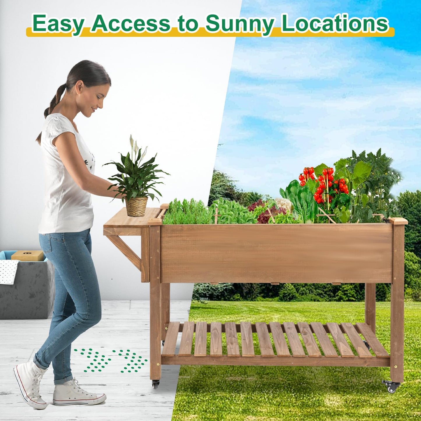 Gowoodhut Raised Garden Bed with Wheels, Wood Elevated Garden Box with W-Connection Tabs,for Vegetable, Flower, Herb, Large Storage Shelf, Easy to Assemble, 55.5x24x32in