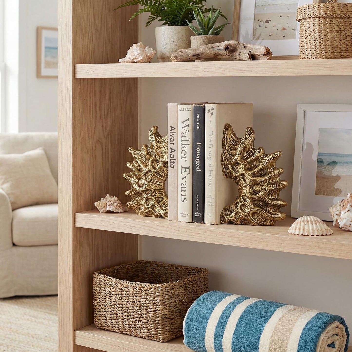 MXARLTR Coral Bookends, Coastal Resin Coral Decorative Bookends, Heavy Duty Non-Slip Book Holders for Shelves, Office Desk, Living Room, Nautical Home Decor (Gold)