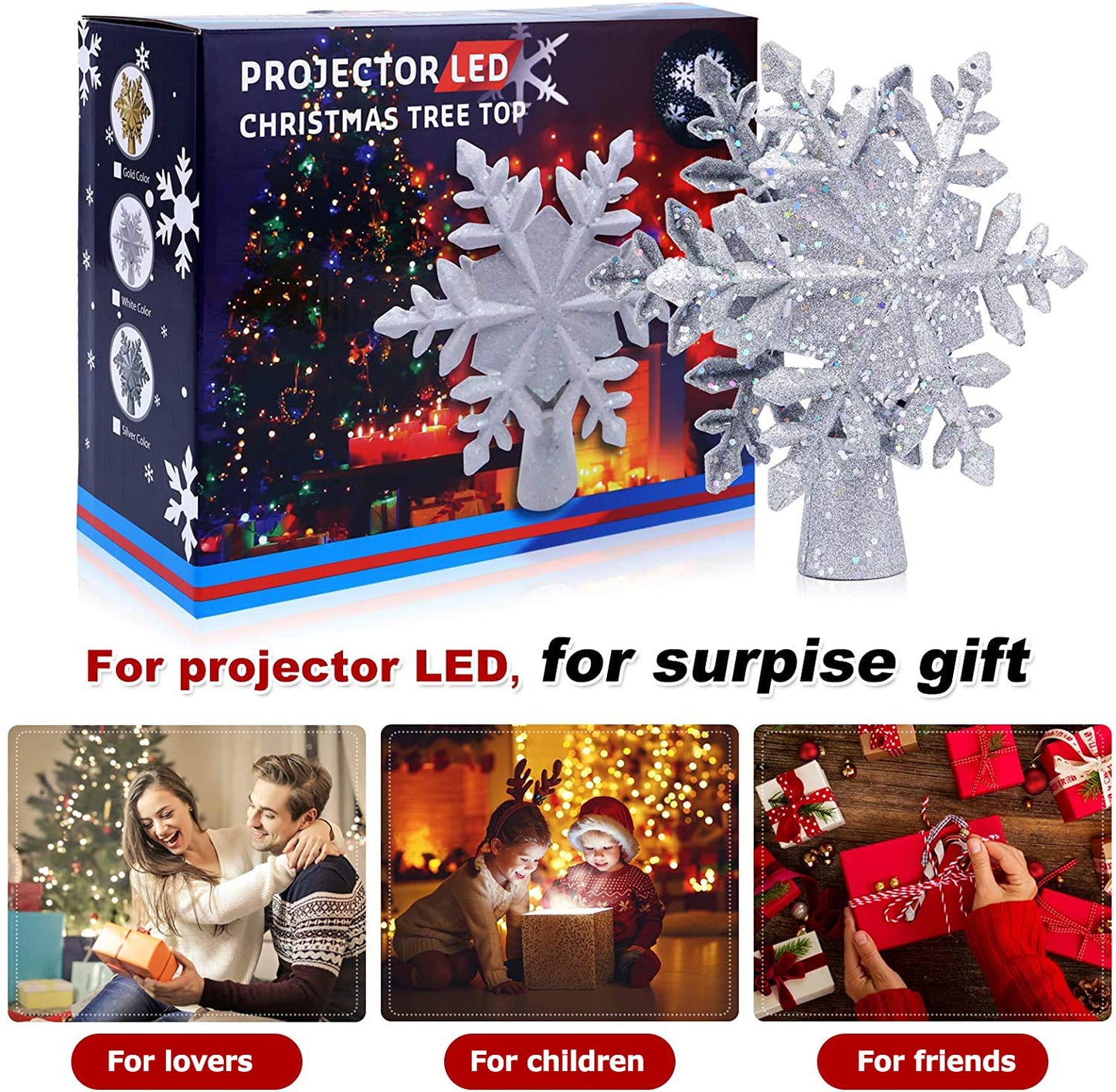 Christmas Tree Topper Lighted with White Snowflake Projector, LED Rotating Snowflake, 3D Glitter Lighted Sliver Snow Tree Topper for Christmas Tree Decorations