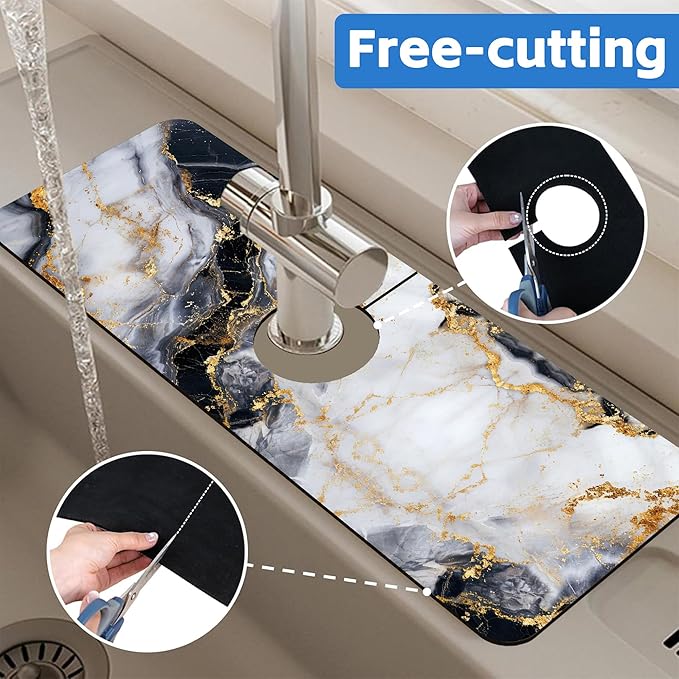 Black White and Gold Marble Dish Drying Mat