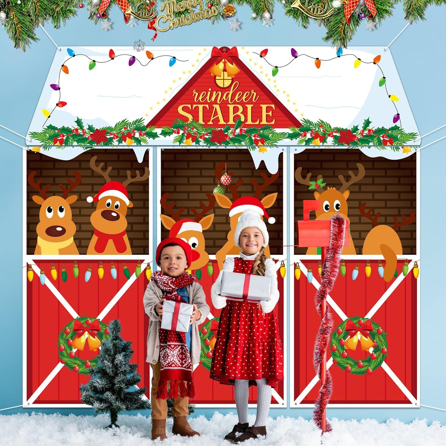 4 Pcs Christmas Deer Door Decorations Xmas Reindeer Stable Door Covers Backdrop Christmas Elk Snowflakes Hanging Banner Porch Sign for Holiday Wall Window Classroom Office Home Party Decor