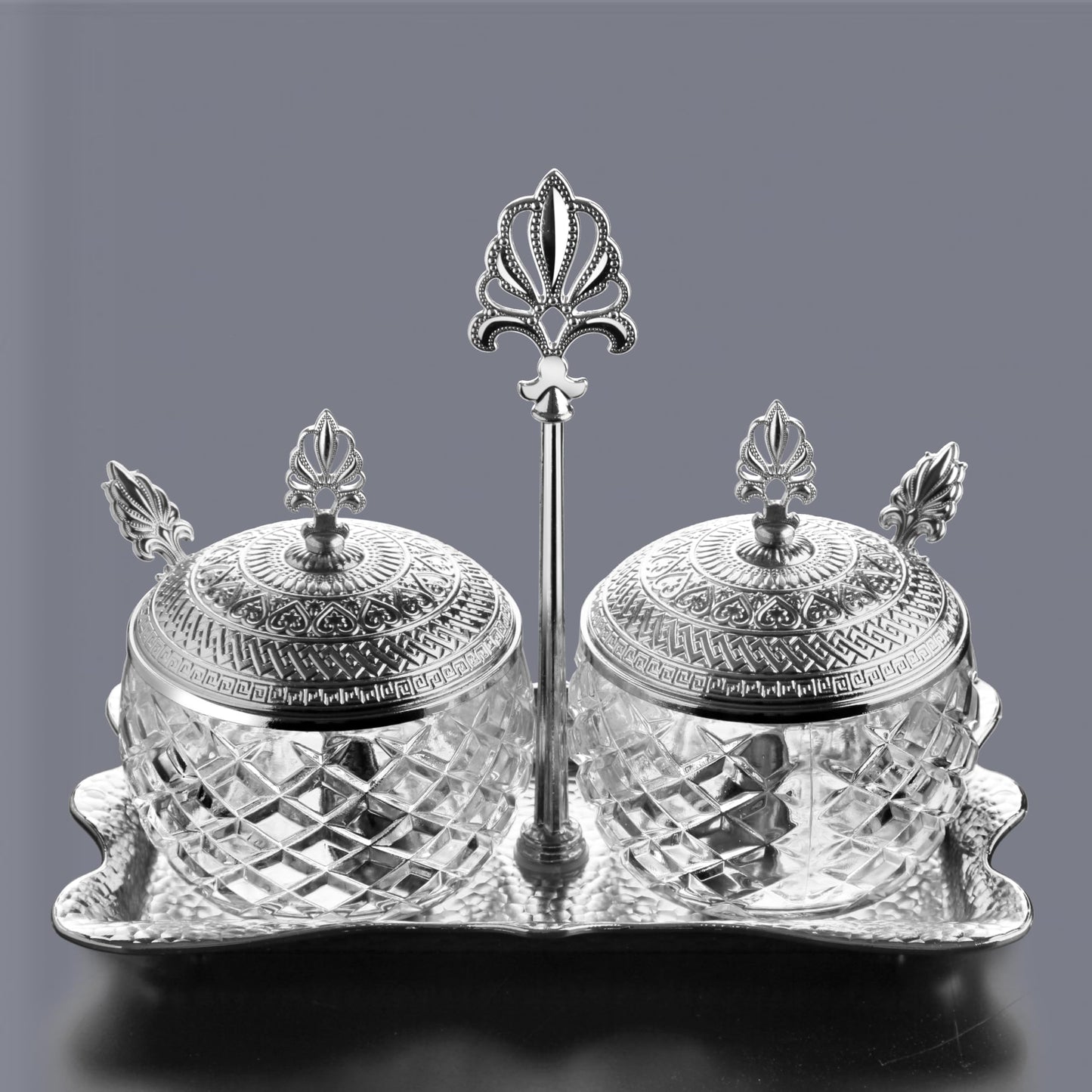 Alisveristime 2-Piece Spice Holder Set with Zamac Lids, Glass Jars, and Metal Tray Stand - Elegant Storage for Sugar, Salt, and Spices (Gold & Silver) (Silver)