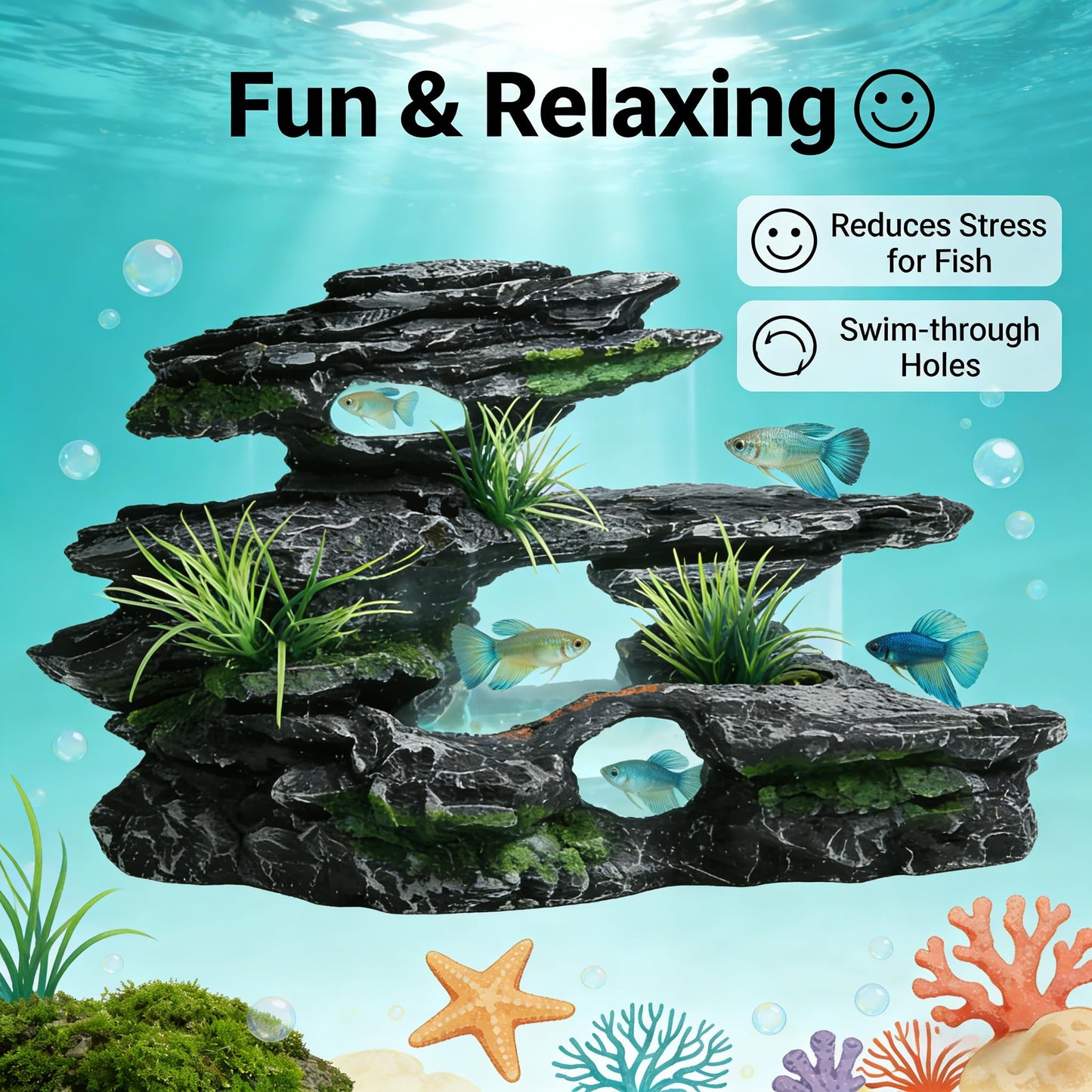 Voralis Fish Tank Mountain View Stone Ornament, Large - Sized Premium Aquarium Decor, Made of Safe Resin, Ideal Multi - Functional Spot for Betta, Snails, Turtles to Rest, Play and Basking