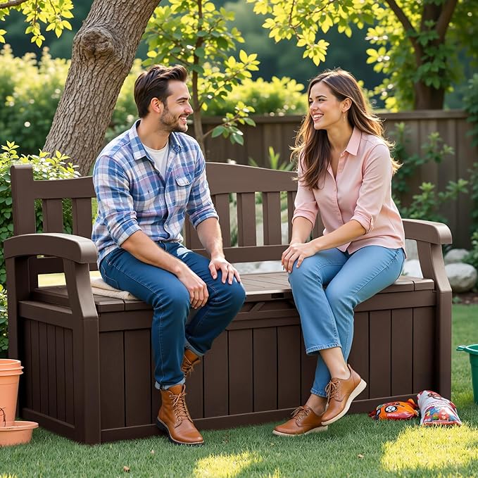 Flamaker 80 Gallon Storage Bench Outdoor Indoor, Durable All-Weather Seating with Hidden Storage, Lockable Deck Box for Garden, Patio, Poolside (Brown)