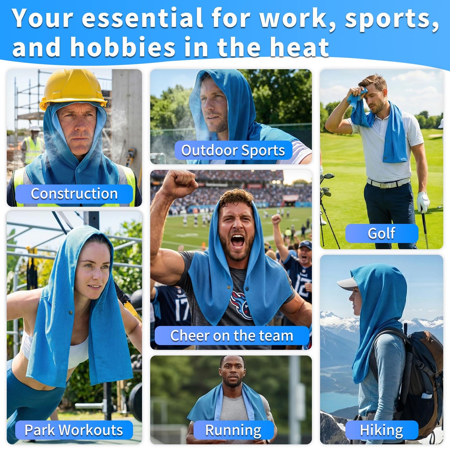 YITIAOYU Cooling Hoodie Towels for Men and Women - Double-Layer Breathable PVA Cooling Towels for Neck and Face, Instant Cold Hooded Ice Towel for Sports, Gym, Hiking, Cycling in Hot Weather (Blue)