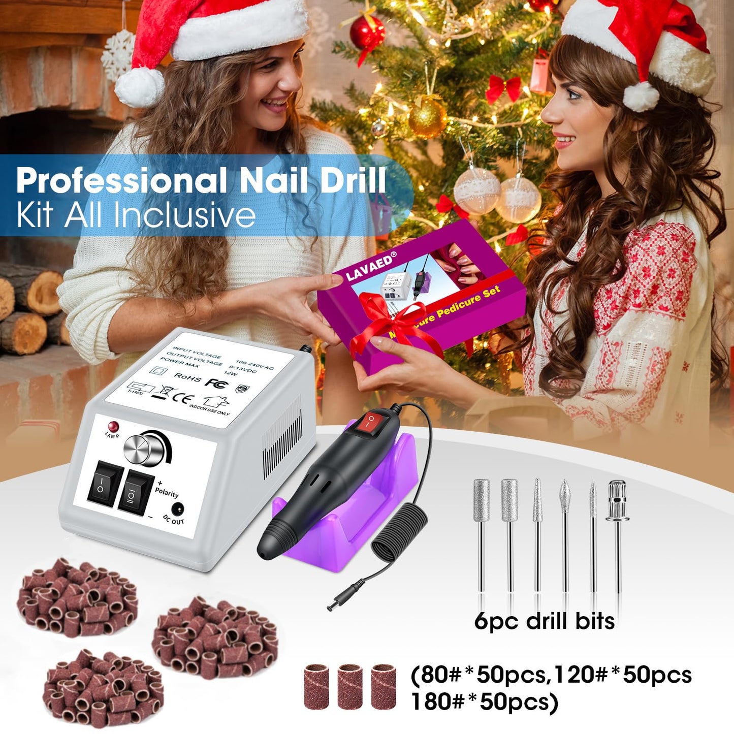 LAVAED Professional Electric Nail Drill Machine Kit - Low Noise Vibration with 156pcs Sanding Bands for Acrylic Nail Drill, Gel Art Remover, Polisher, Manicure, Pedicure