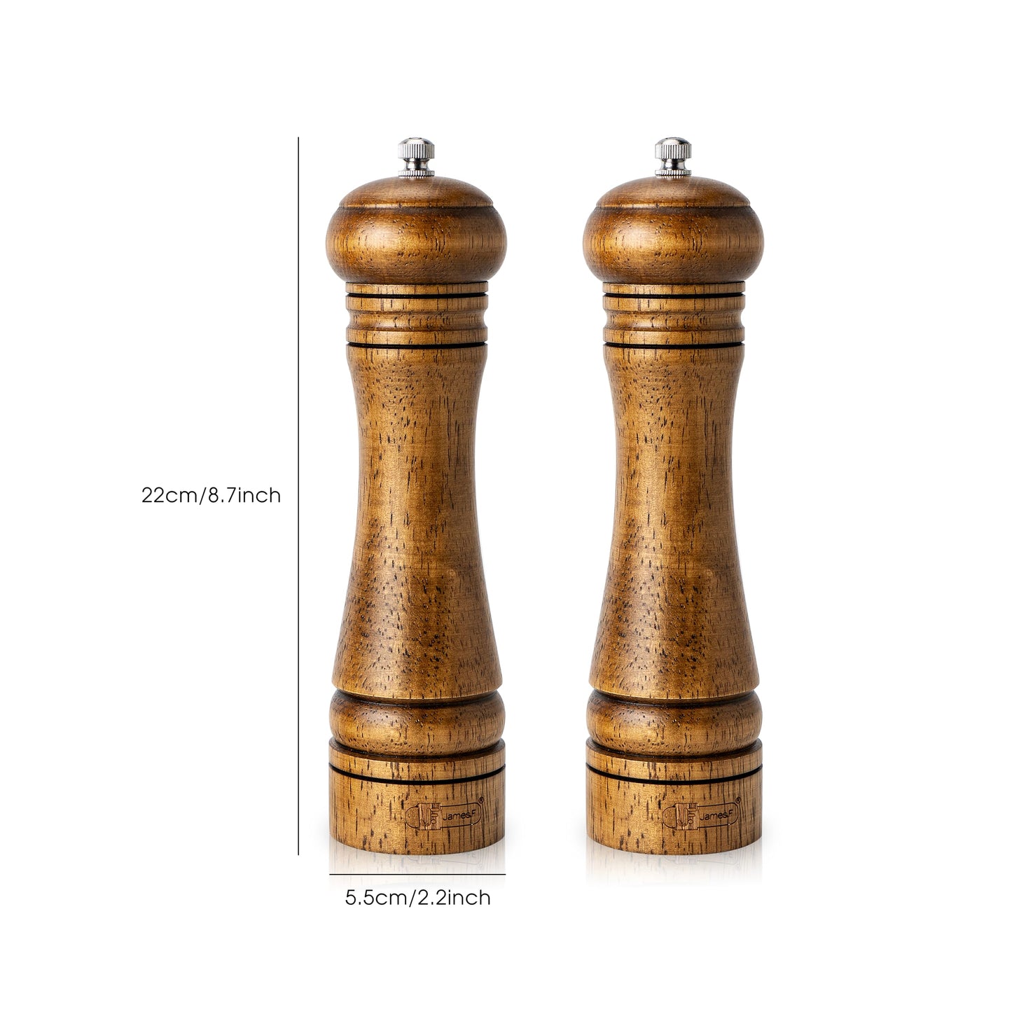 JF JAMES.F Salt and Pepper Mill Sets, 8 inch Wooden Salt and Pepper Grinders with Ceramic Core Wood Salt and Pepper Shakers Set of 2