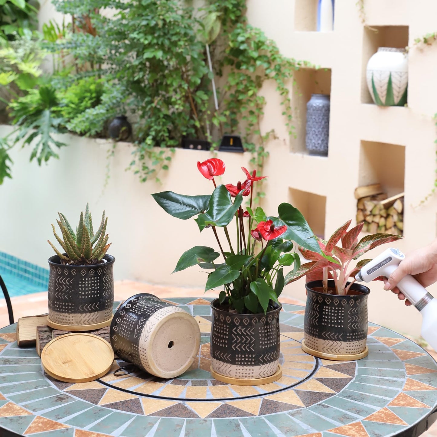 BABALIU 5.5 Inch Ceramic Plant Pots with Drainage Holes and Trays, Creative Retro Totem Planter Pot with Bamboo Saucers for Indoor Flowers, Succulent, Snake Plants, Cactus & Herbs, Black, Set of 4