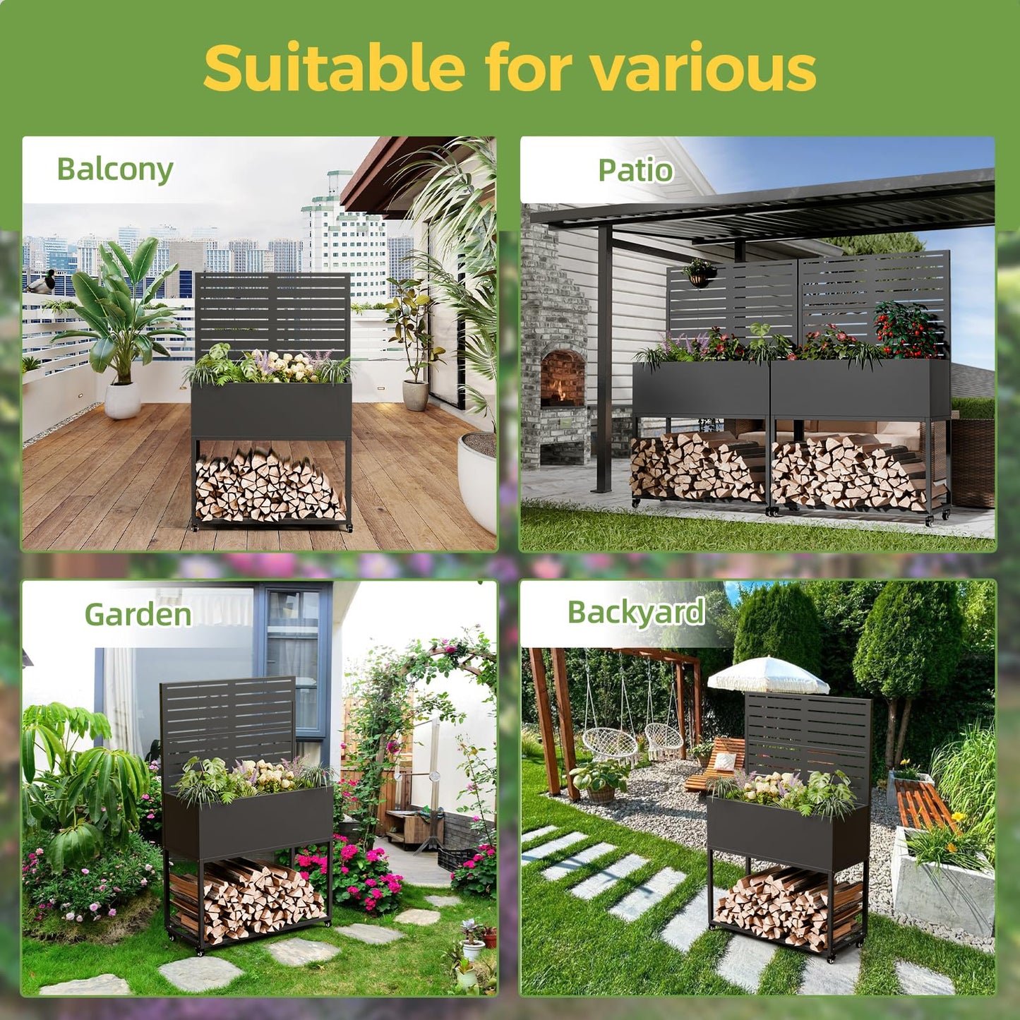 Metal Planter Box with Trellis, 3 in 1 Raised Garden Bed with Trelli & Firewood Rack, Privacy Planter Screen for Climbing Plants, Vine, Outdoor Garden Standing Beds with Drainage Holes, Wheels,Black