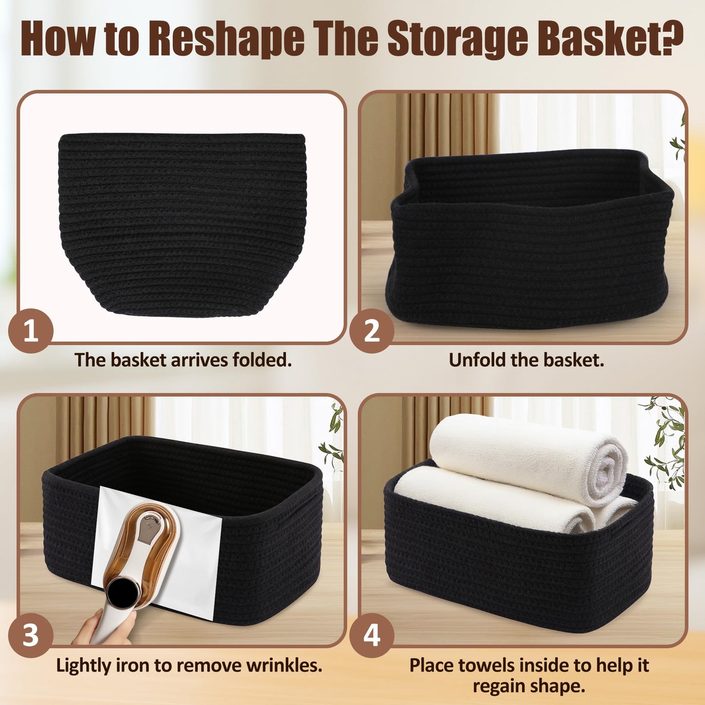VIRETH HAUS 5-Pack Small Woven Rope Storage Baskets – 2 Sizes Organizer Bins for Closet, Shelf, Bookshelf, Nursery, Changing Table, Fabric Cube Boxes, Rectangular Shallow Bins for Bathroom, Toy & Home