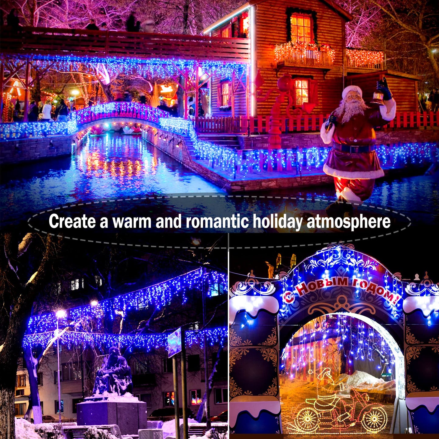 Christmas Lights Outdoor Decorations 1216 LED 99ft 8 Modes Curtain Fairy String Light with 228 Drops, Clear Wire LED String Light Indoor Decor for Wedding Party Holiday Christmas Decoration Blue
