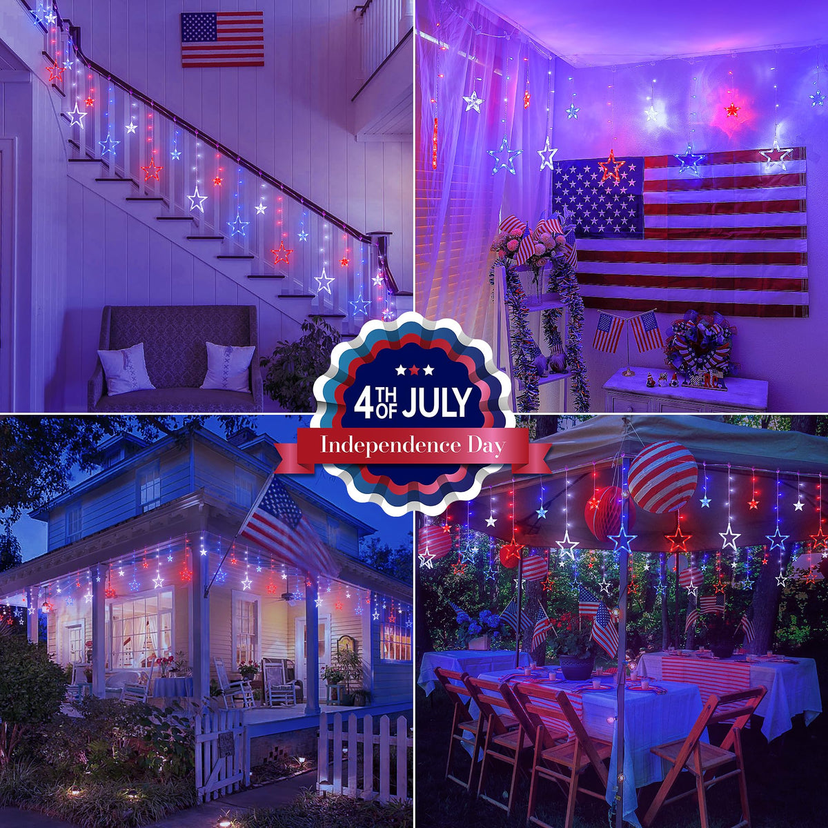 MYGOTO 4th of July Patriotic Star Icicle Lights,8.2ft 126LED red White and Blue Curtain String Waterproof, 8 Modes with Timer Connectable Independence Day Decorations Window Lights for Outdoor Indoor