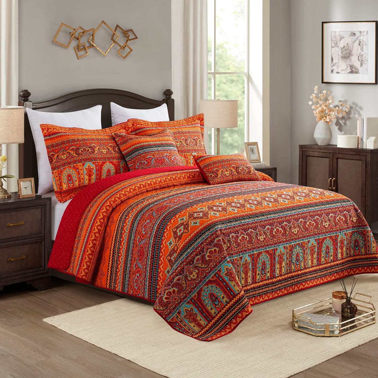 TWINRUN Cotton Quilt Queen, 3 Piece Boho Bedspread Queen Size(90 x 98 Inch), Lightweight Vibrant Orange Red Bohemian Stripes Bedspread, Cotton Coverlet for All Seasons