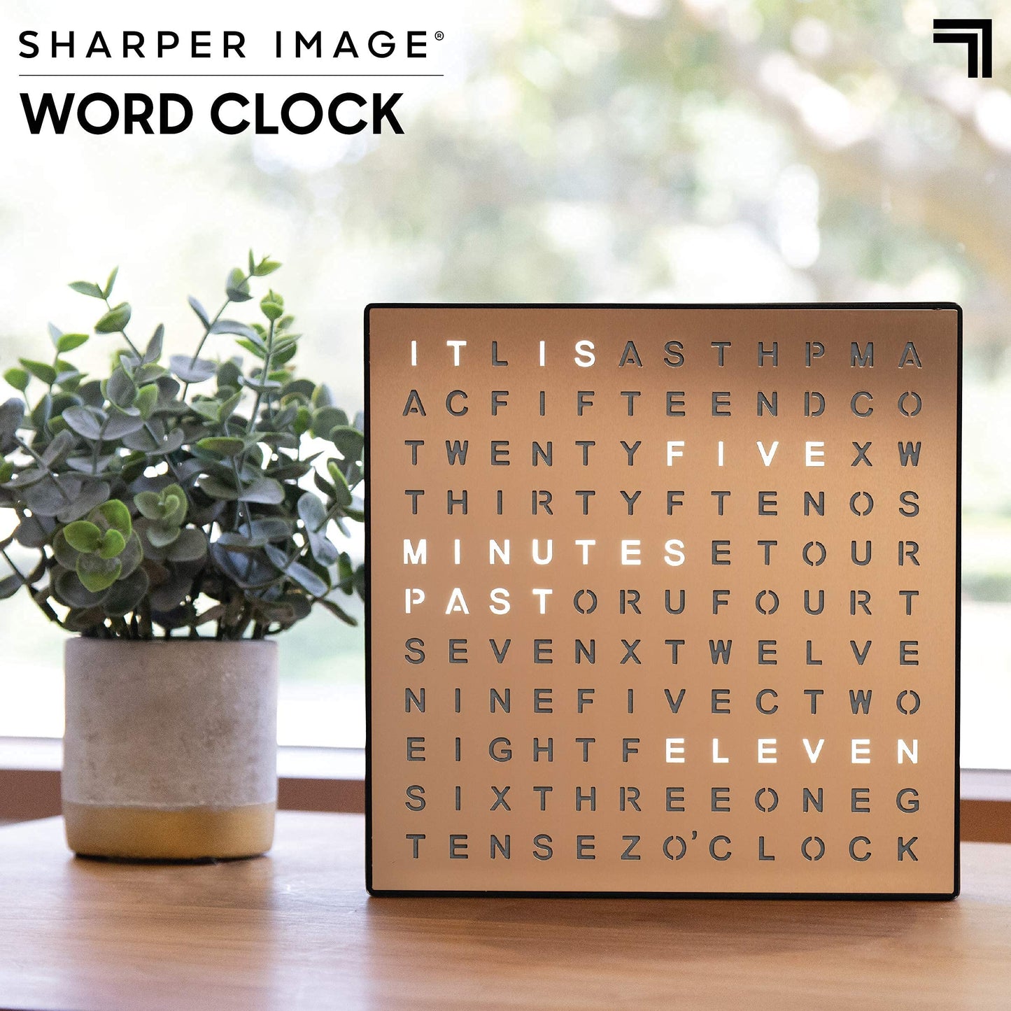 Sharper Image® LED Light-Up Word Clock, 7.75" Modern Design, Electronic Accent Wall or Desk Clock, USB Cord & Power Adapter, Unique Contemporary Home & Office Decor, Easy Setup, Housewarming Gift