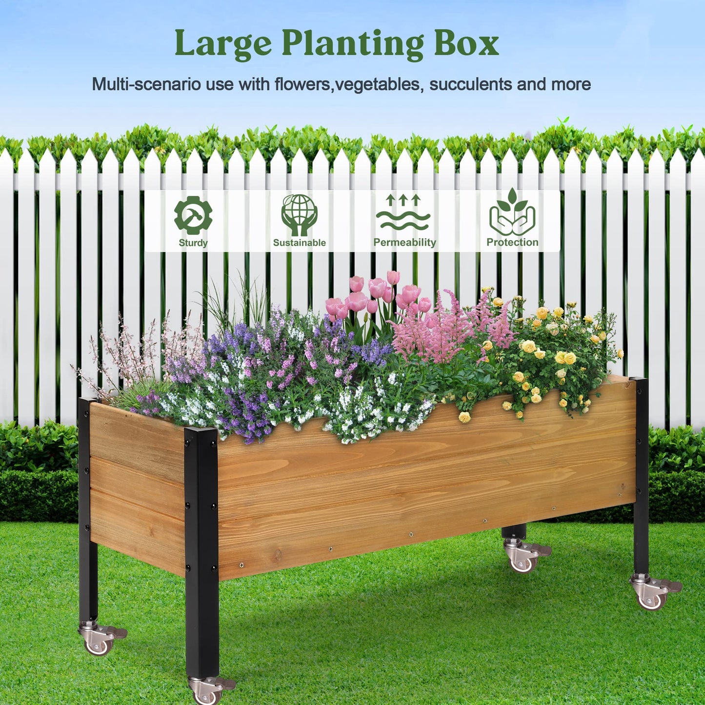 OIPRTGFJ Wood Rectangular Garden Planter Box with Wheel Raised Garden Bed Outdoor,Planters for Outdoor Plants 37 * 13 * 15 Elevated Planter Box for Herbs Vegetables Flowers Outdoor Patio Deck Balcony