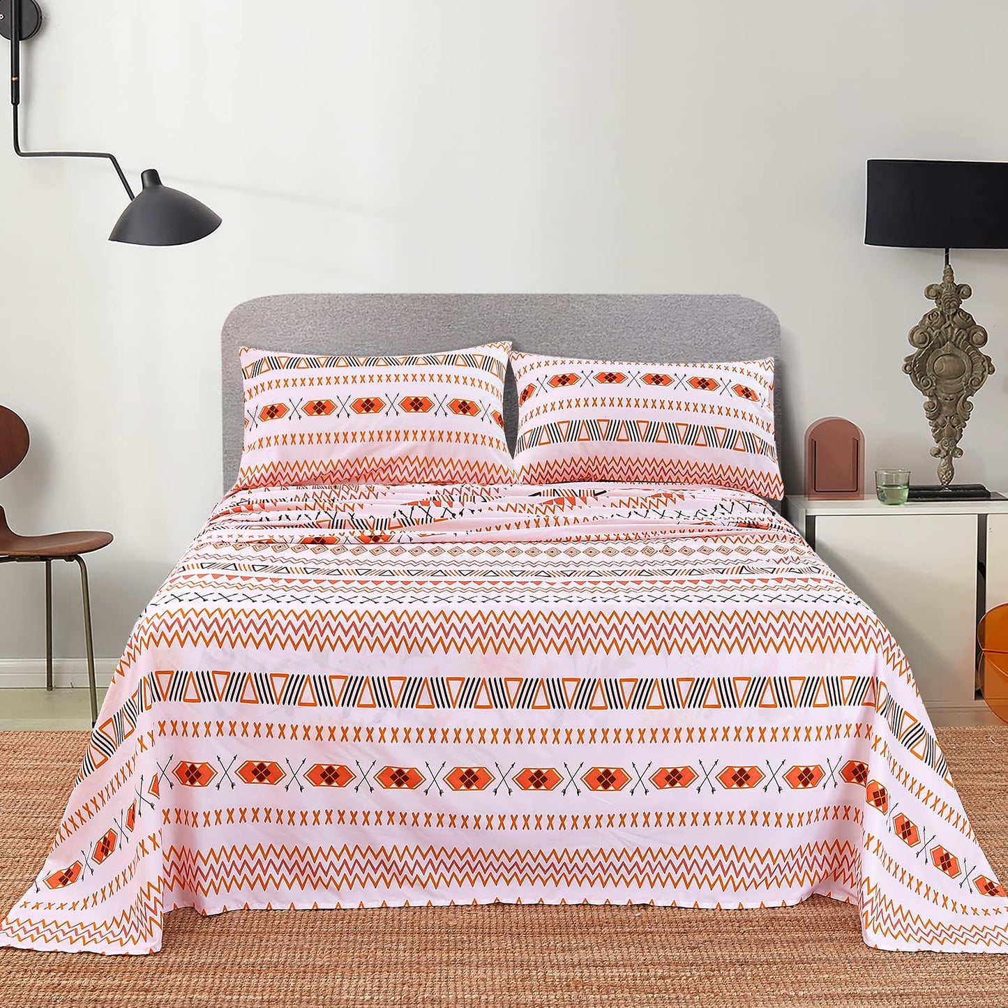 JSD Geometric Printed Sheet Set King, 4 Piece Soft Orange Pattern Microfiber Sheets Extra Deep Pocket