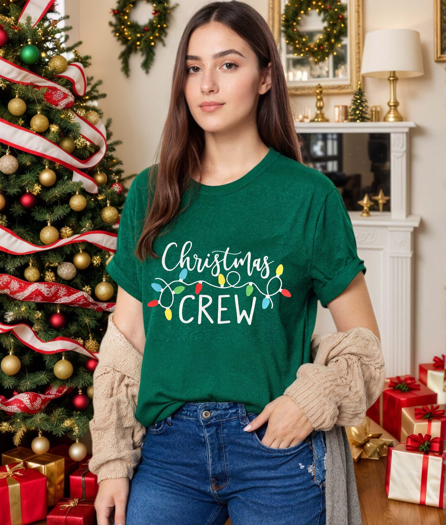 Christmas Shirts for Women 2025 Christmas Crew Shirt Xmas Lights Graphic Tshirt Holidays Short Sleeve Tops Green M