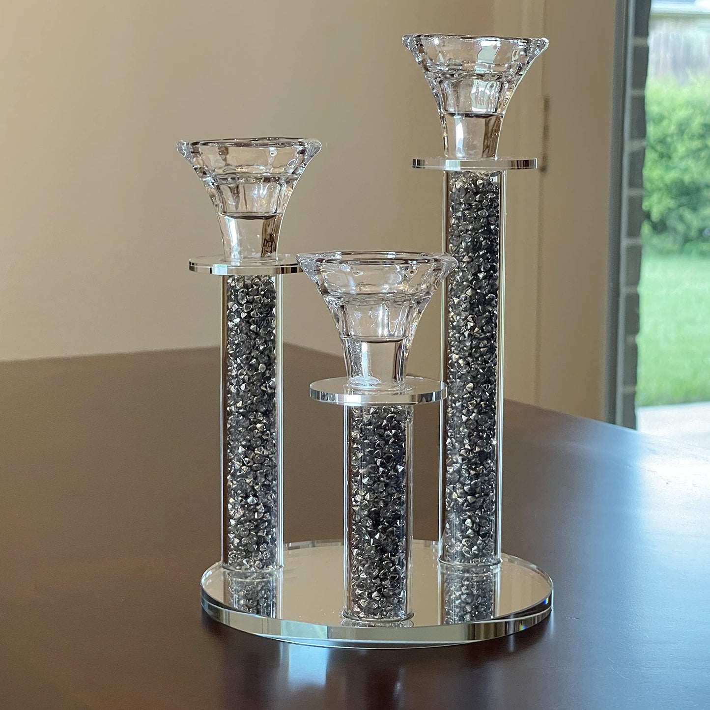 Allgala 9 Inch Tall 3-Pillar Filled with Diamond Like Stone Filled Crystal Candlesticks with Mirror Base-Silver-HD89124