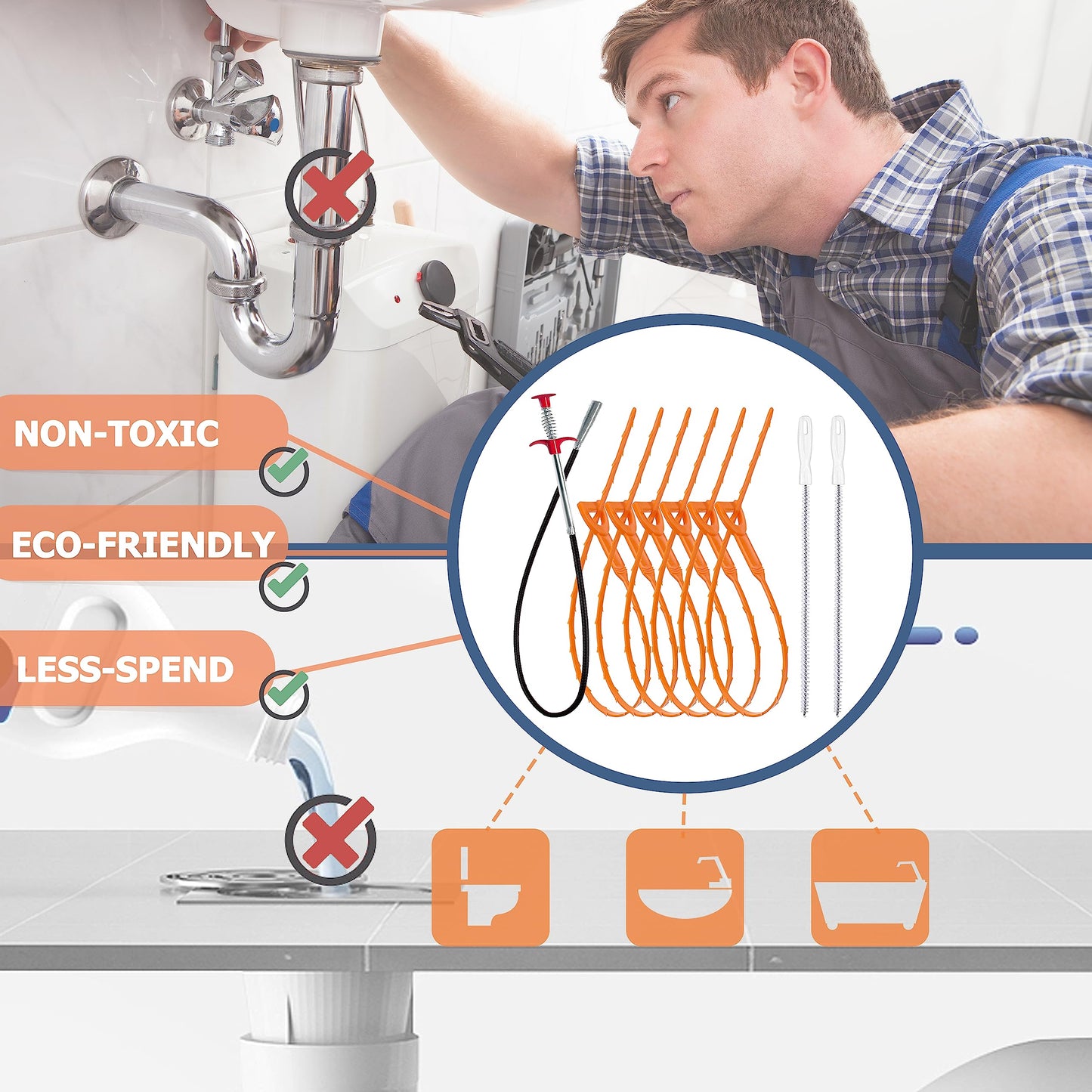 35.5inch Drain Clog Remover(1pcs), 25inch Drain Snake Hair Remover(6pcs) & Cleaning Brush(2pcs), Hair Catcher Drain Auger Cleaner Tool Set For Toilet, Kitchen Sink, Bathroom Tub, Sewer, 9 Pack