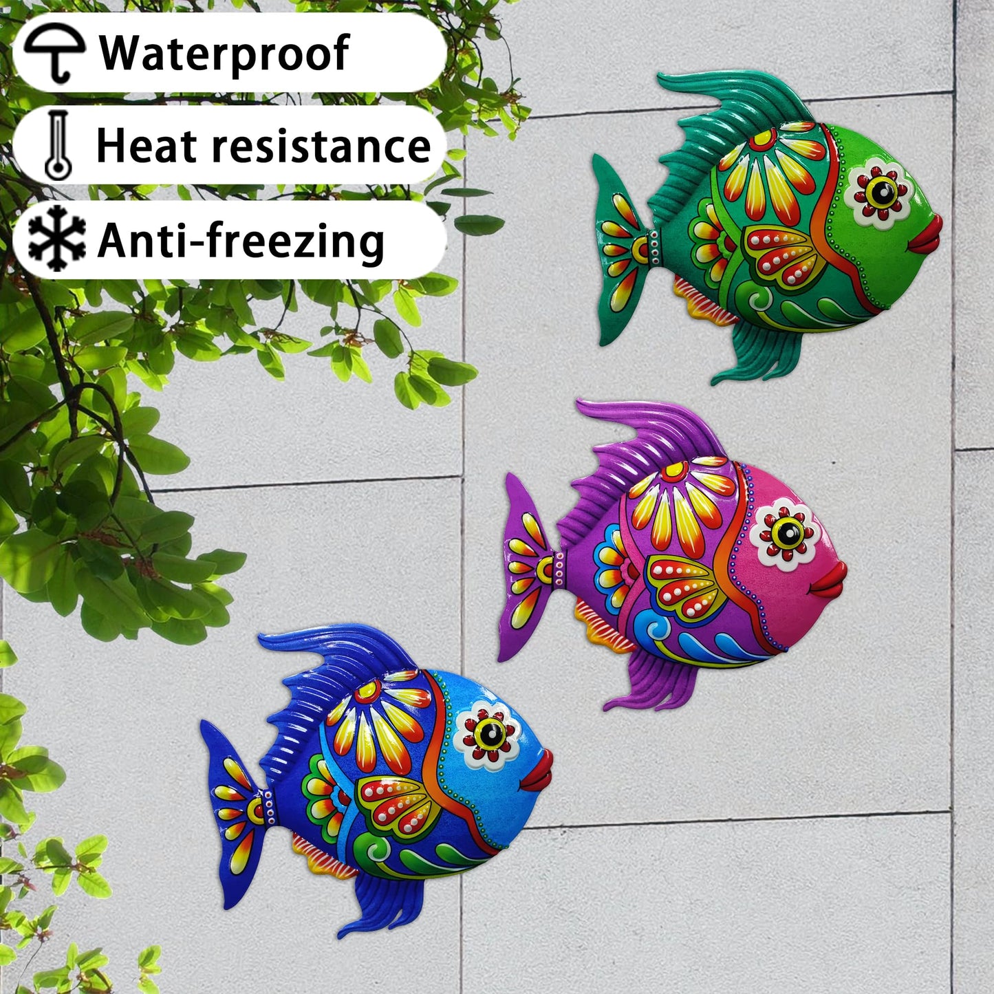 John's Studio Metal Fish Sea Wall Decor Outdoor Garden Hanging Art Sculptures Home Ocean Theme Decorations for Kitchen Bathroom and Pool - 3 PCS