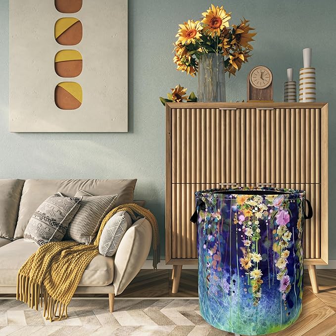 Beautiful Blue Green Floral Laundry Basket Foldable